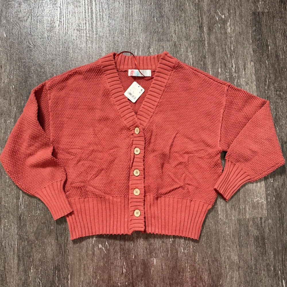 Free People Beach Rust Orange Cotton Waffle Knit Cropped Cardigan Sweater XS NWT